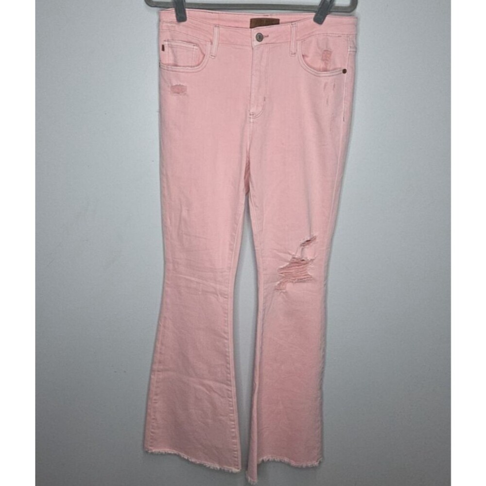 Judy Blue Distressed Flare Jeans Garment Dyed Pink Raw Hem Womens Size 13 / 31
